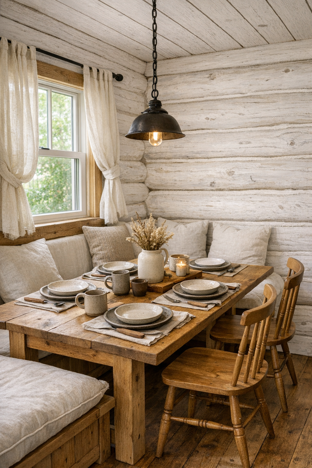Cozy tiny cabin dining area with farmhouse table and built-in bench