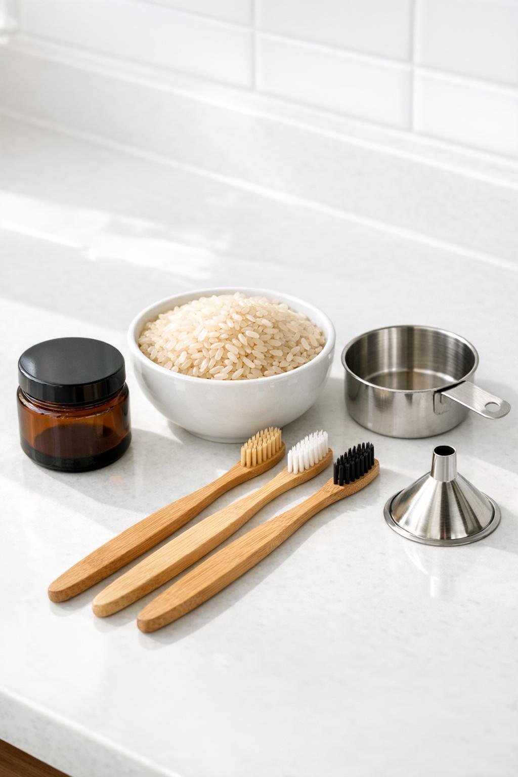 Materials for a rice-filled amber glass jar toothbrush holder