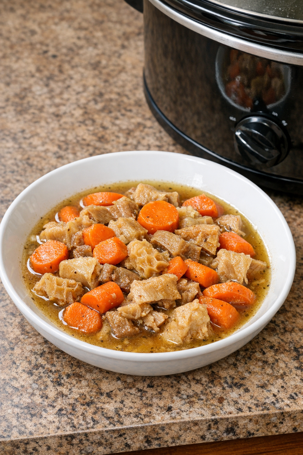 Finished plated beef tripe and carrots from the slow cooker