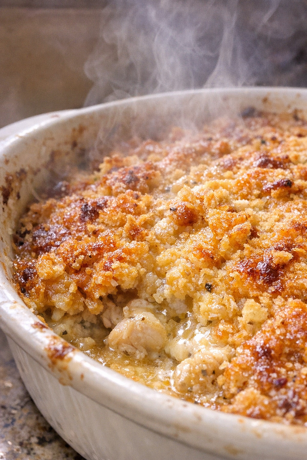 Bubbling golden-brown comfort bake in a ceramic dish