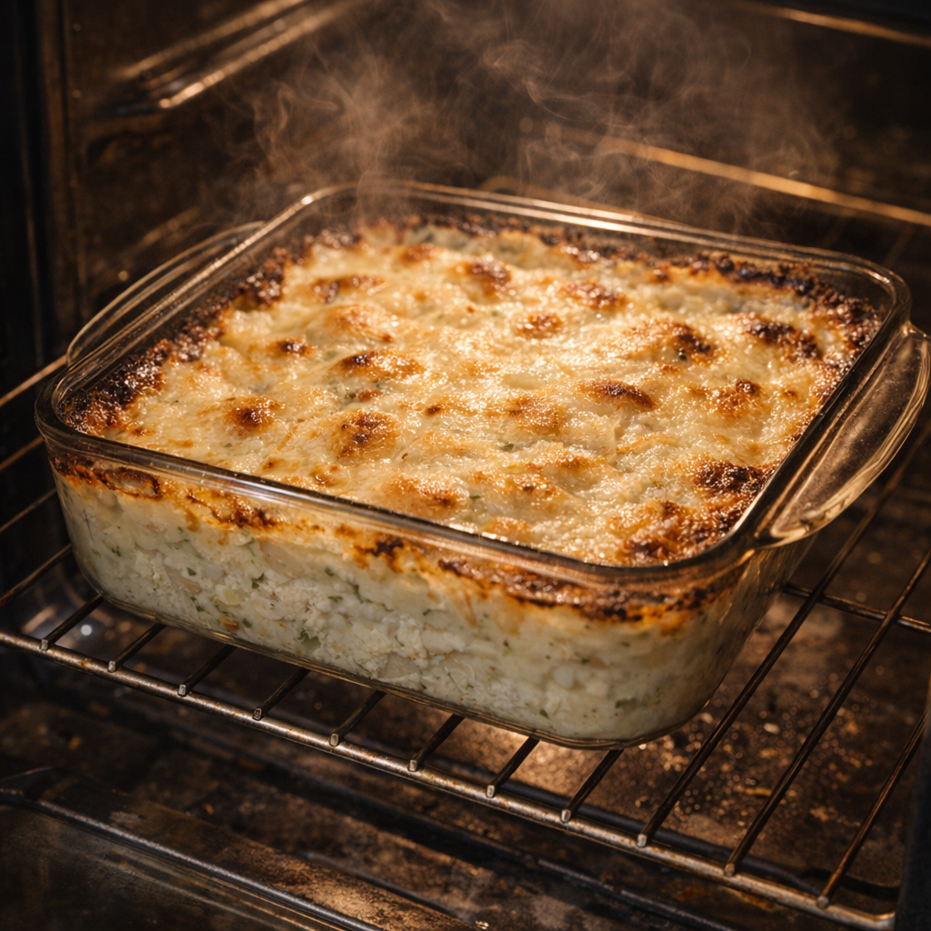 Freshly baked casserole with browned edges in the oven