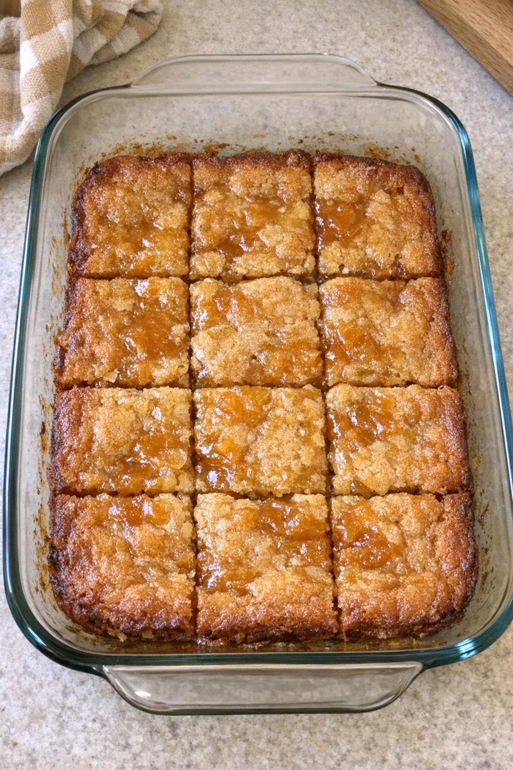 Finished butterscotch dessert in a glass baking dish