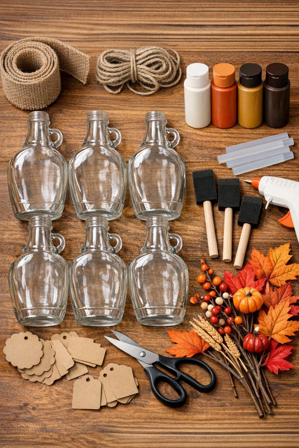Materials for four burlap-wrapped maple syrup bottle storage jars