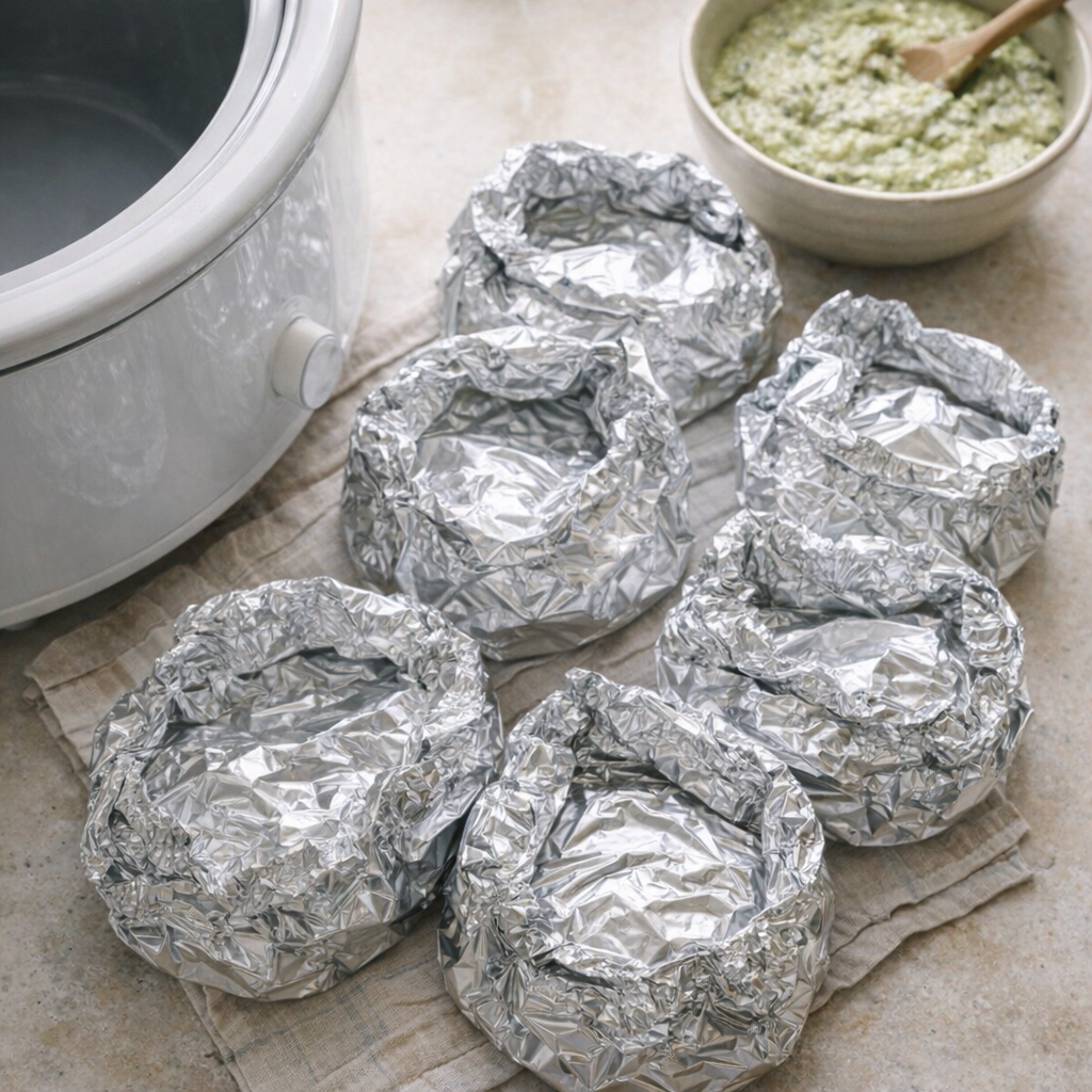 Foil pasta packets stacked beside a slow cooker on a kitchen counter