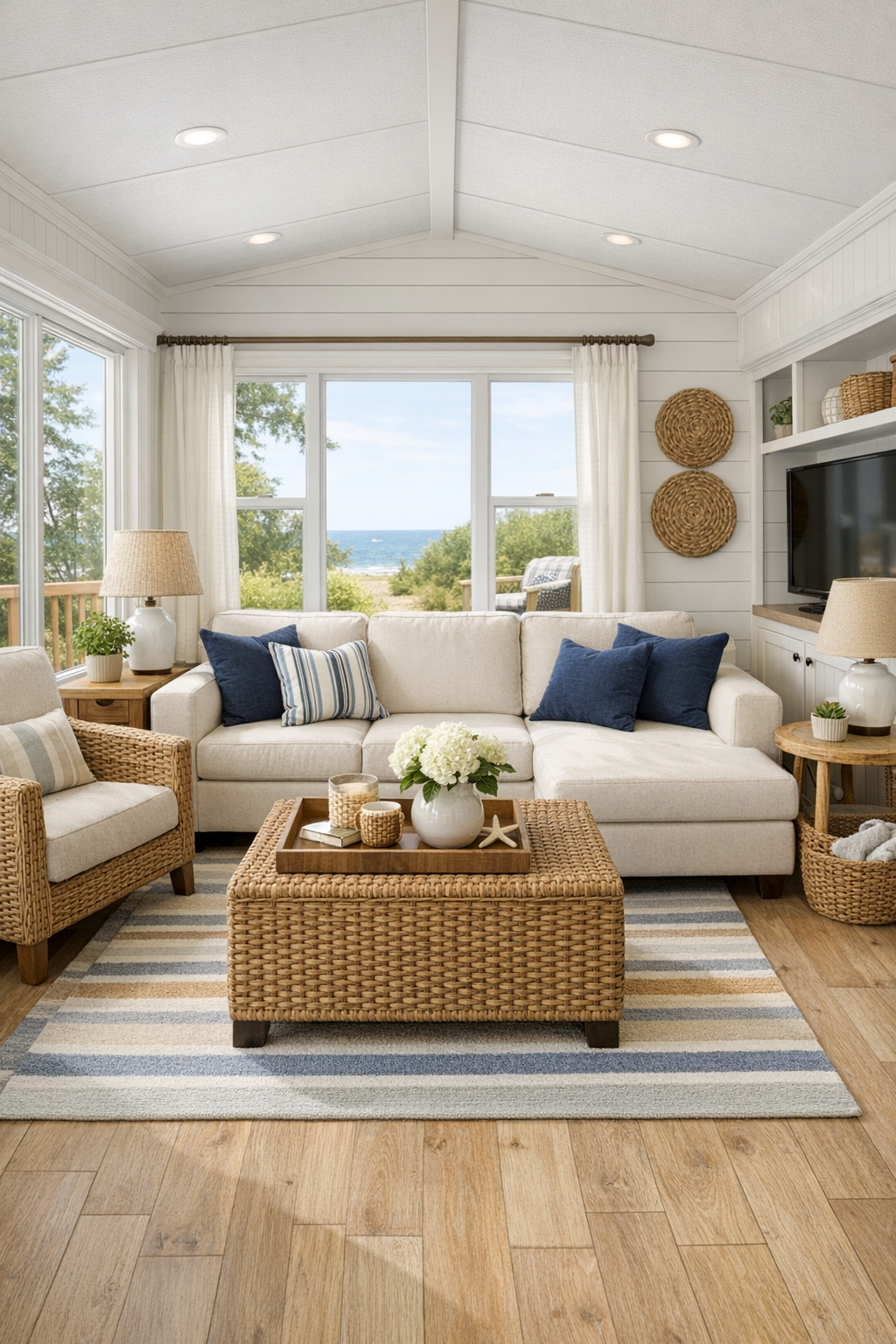 Bright coastal living room with white seating and navy accents