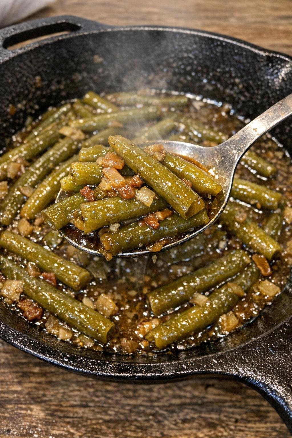 Tender simmered green beans in a cast iron skillet