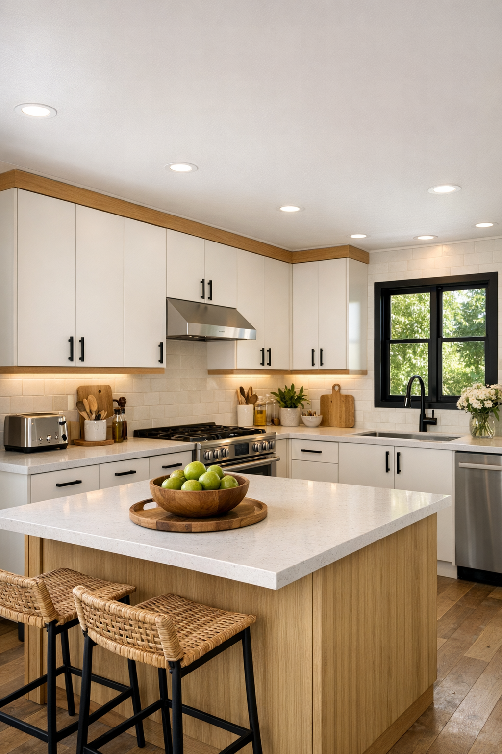 Bright modern kitchen with warm white cabinets, quartz island, and oak accents