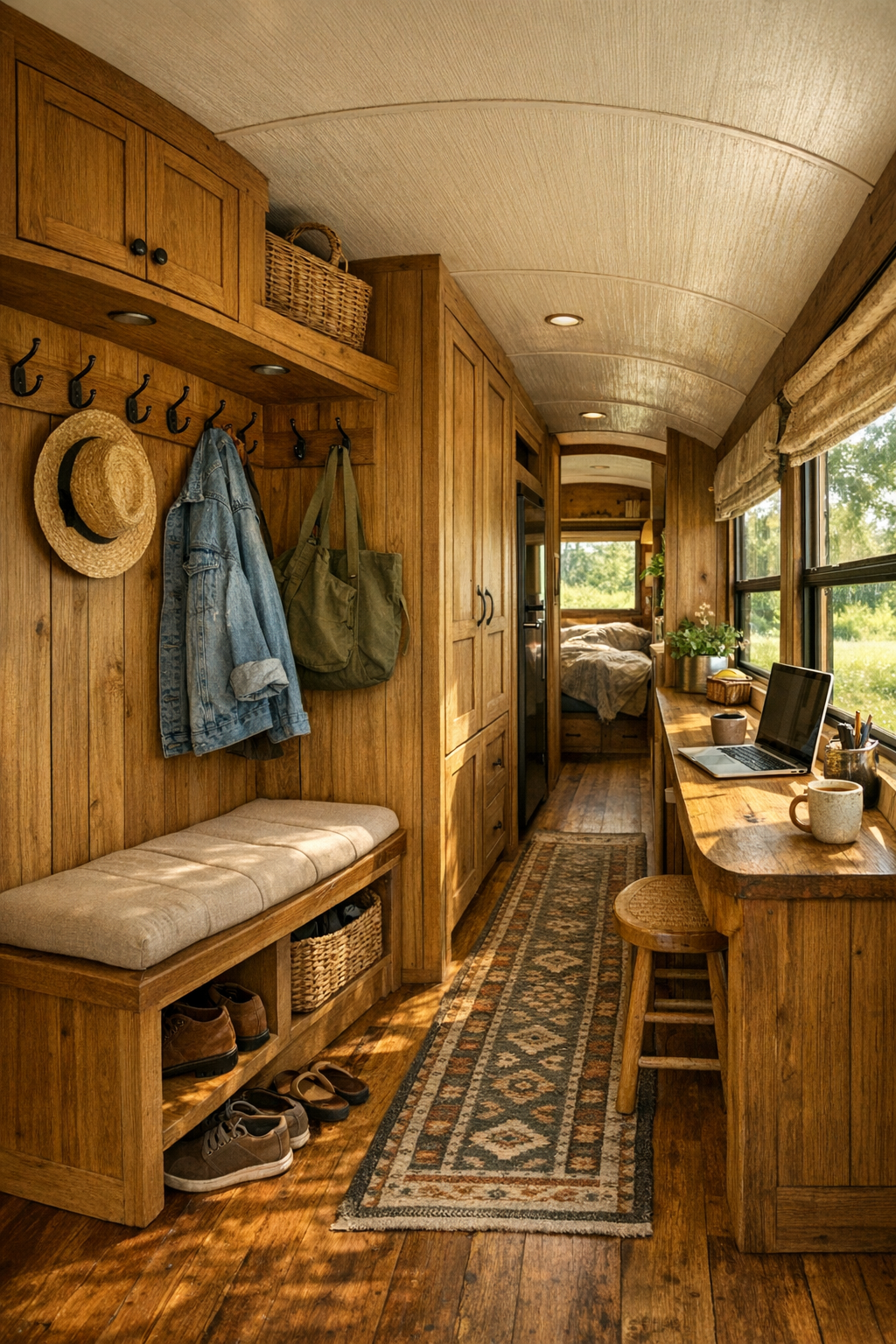 Functional bus hallway and entry with built-in storage and a small work ledge