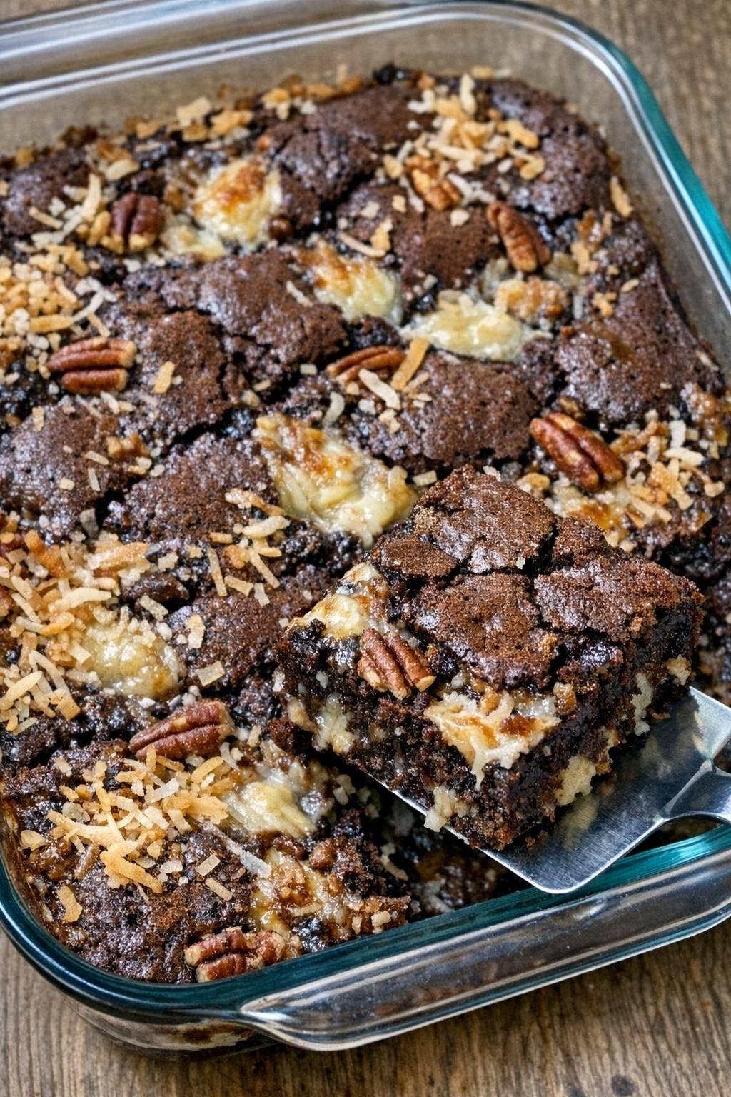 Earthquake cake in a glass casserole dish