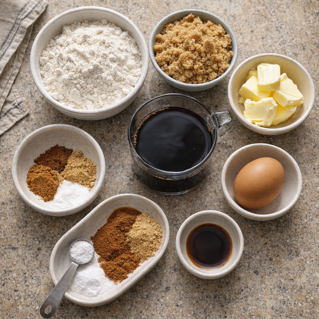 Measured cookie ingredients arranged on a kitchen counter