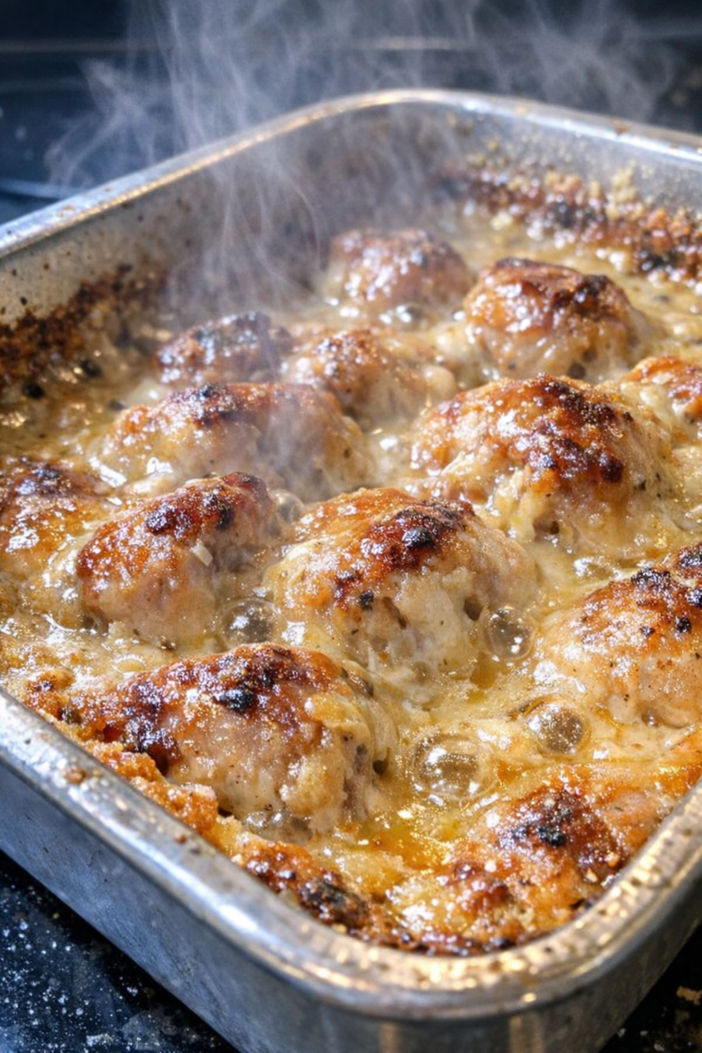 Close-up of a bubbling baked dinner in a metal pan
