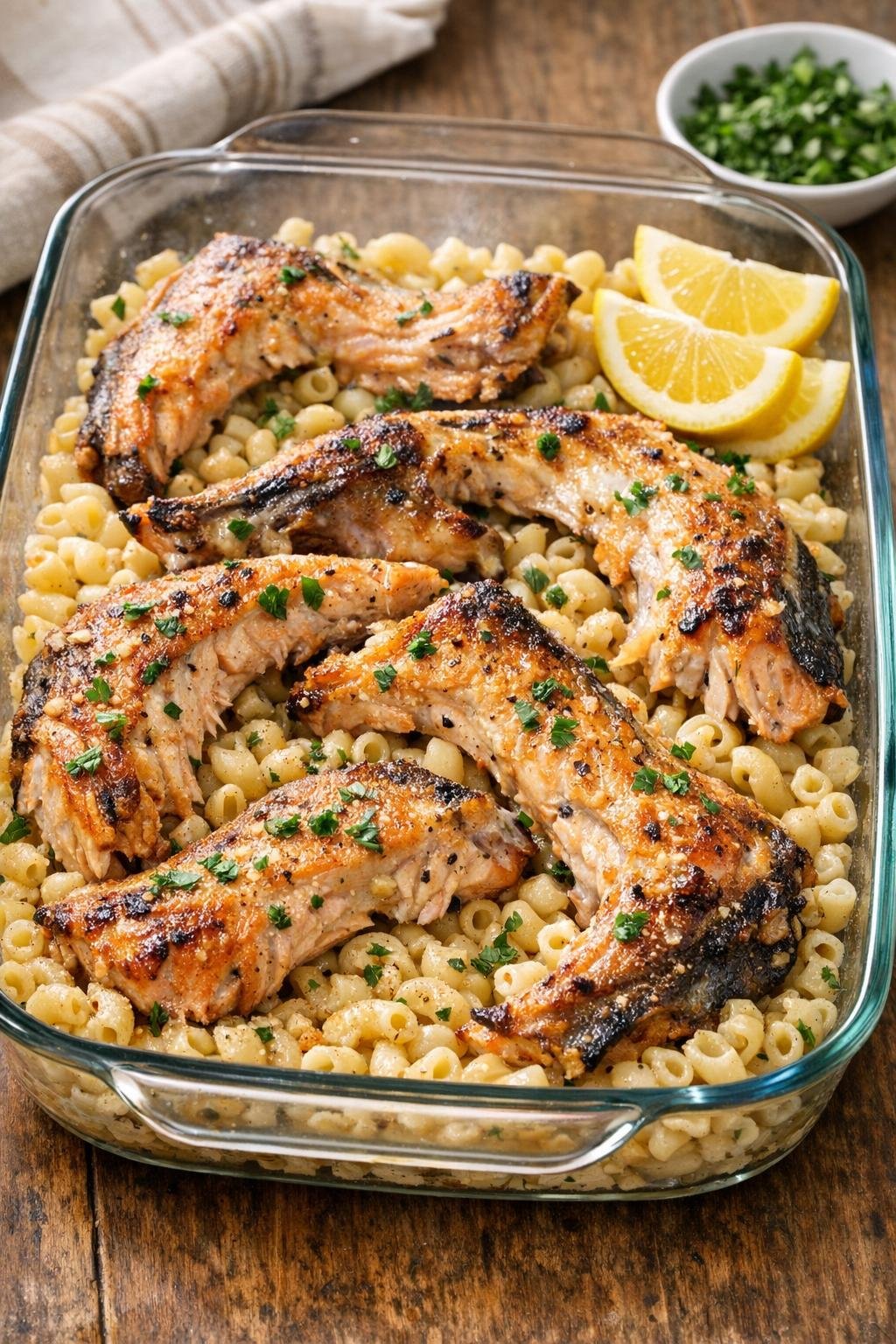 Finished baked salmon collars and macaroni in a glass casserole dish
