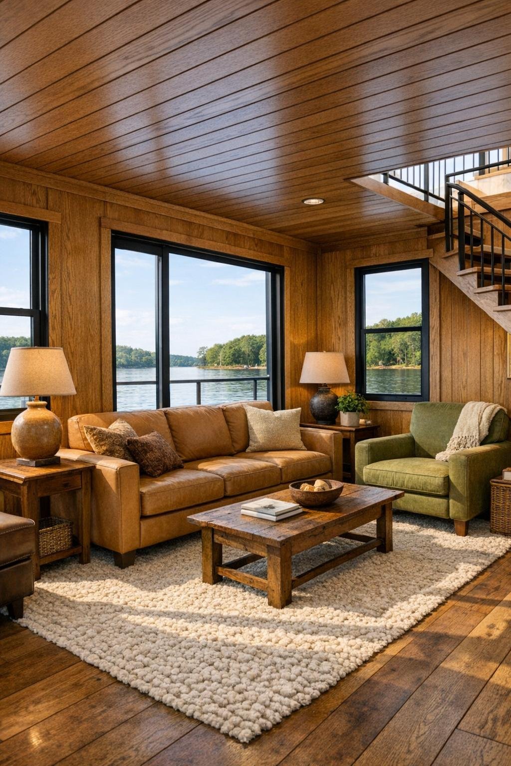 Cozy houseboat living room with oak finishes and lake views