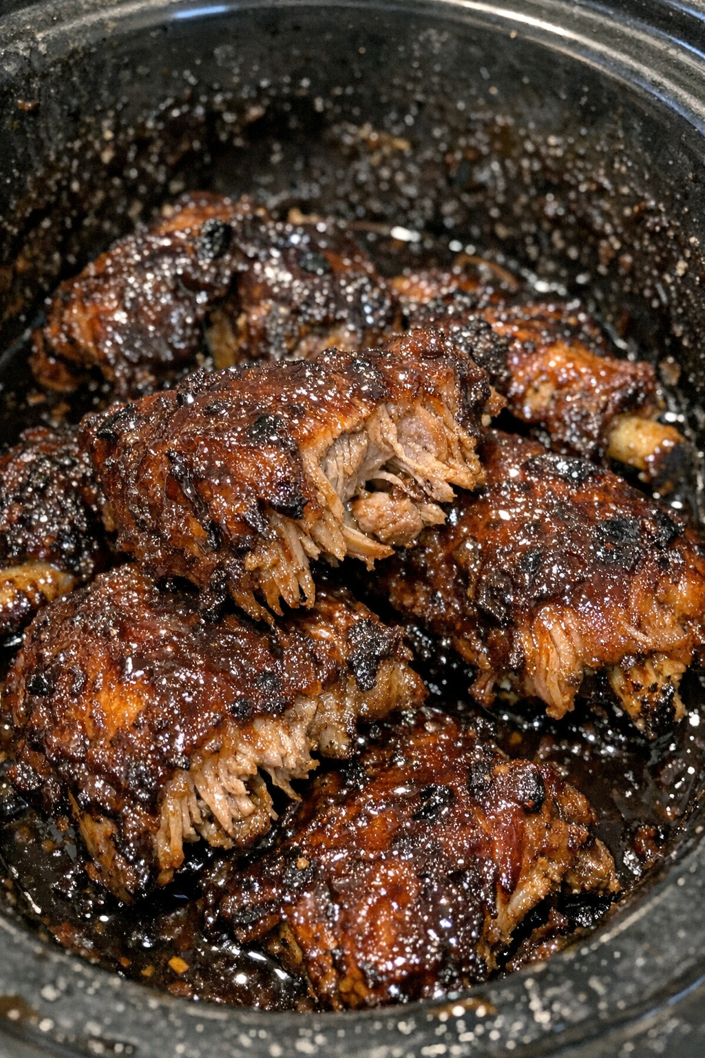 Slow cooker baby back ribs glazed in dark sticky sauce