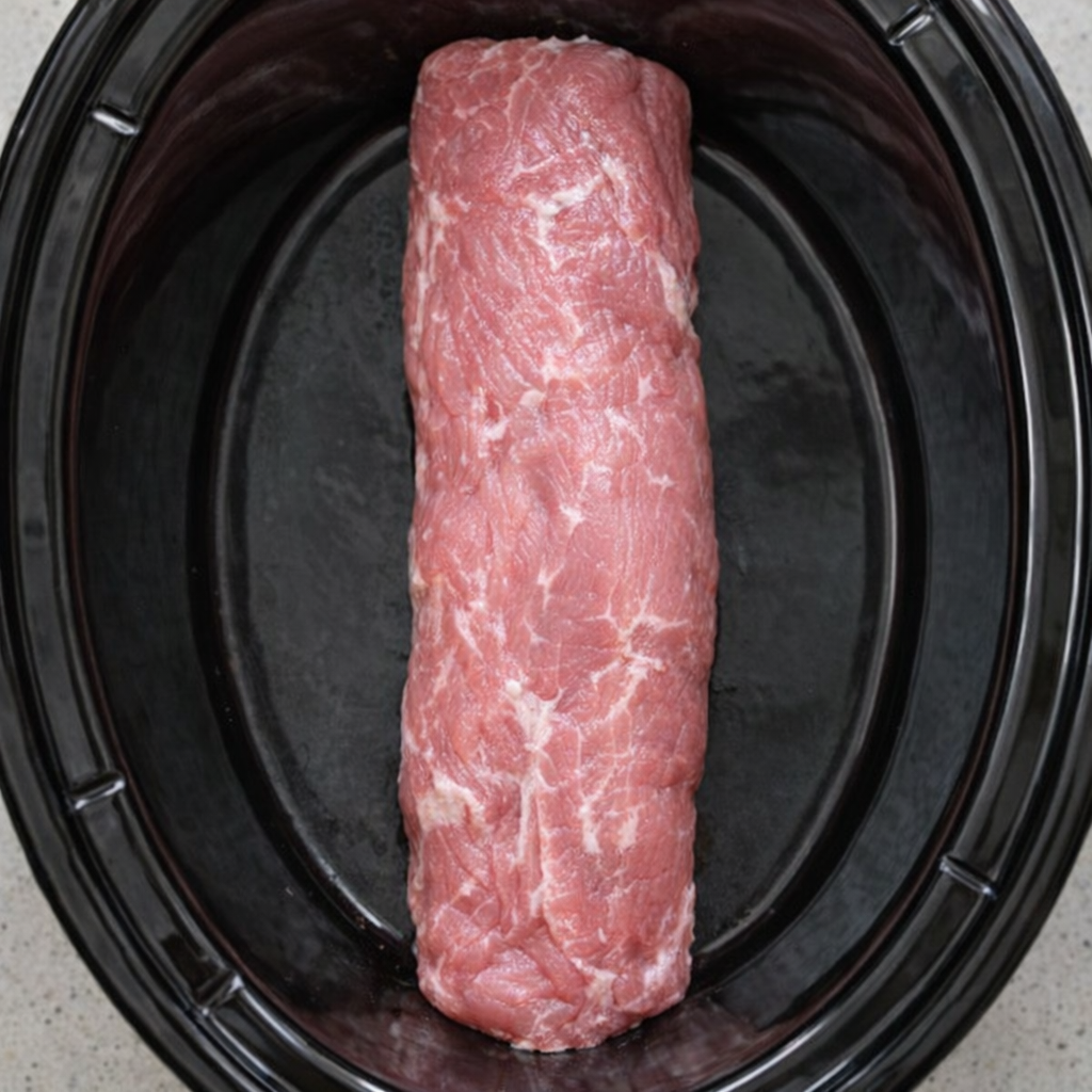 Raw pork tenderloin placed inside a slow cooker