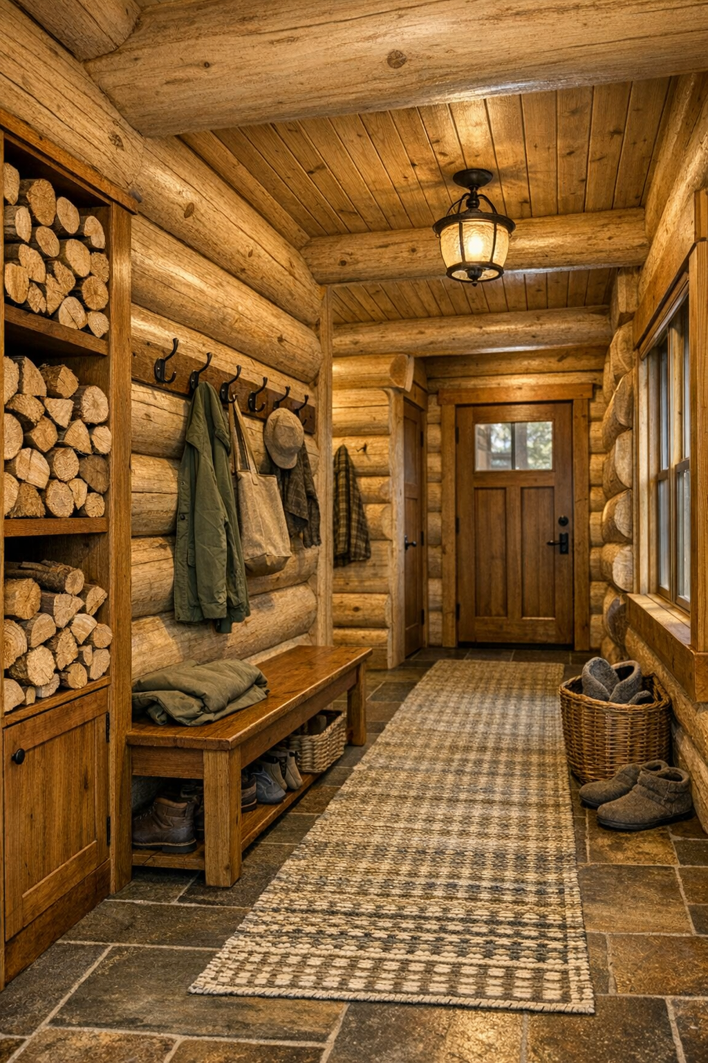 Thoughtful entry and hallway area with log walls, built-in storage, bench, and warm lighting