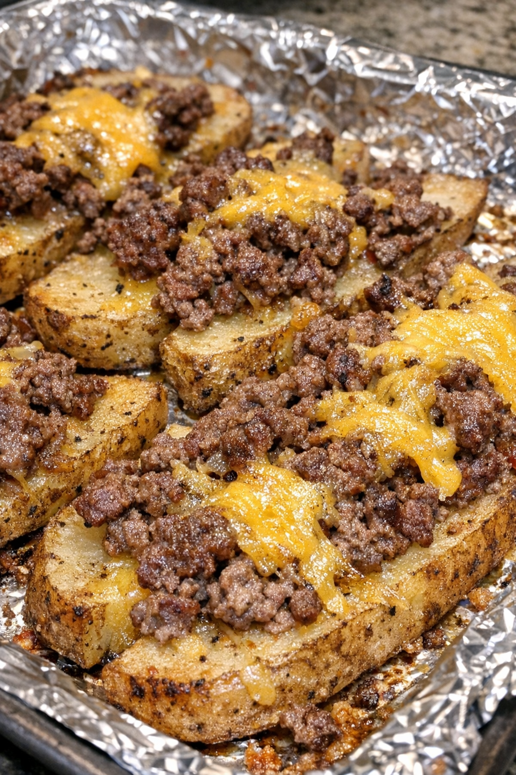 Oven baked beef potato wedges on a foil-lined baking sheet