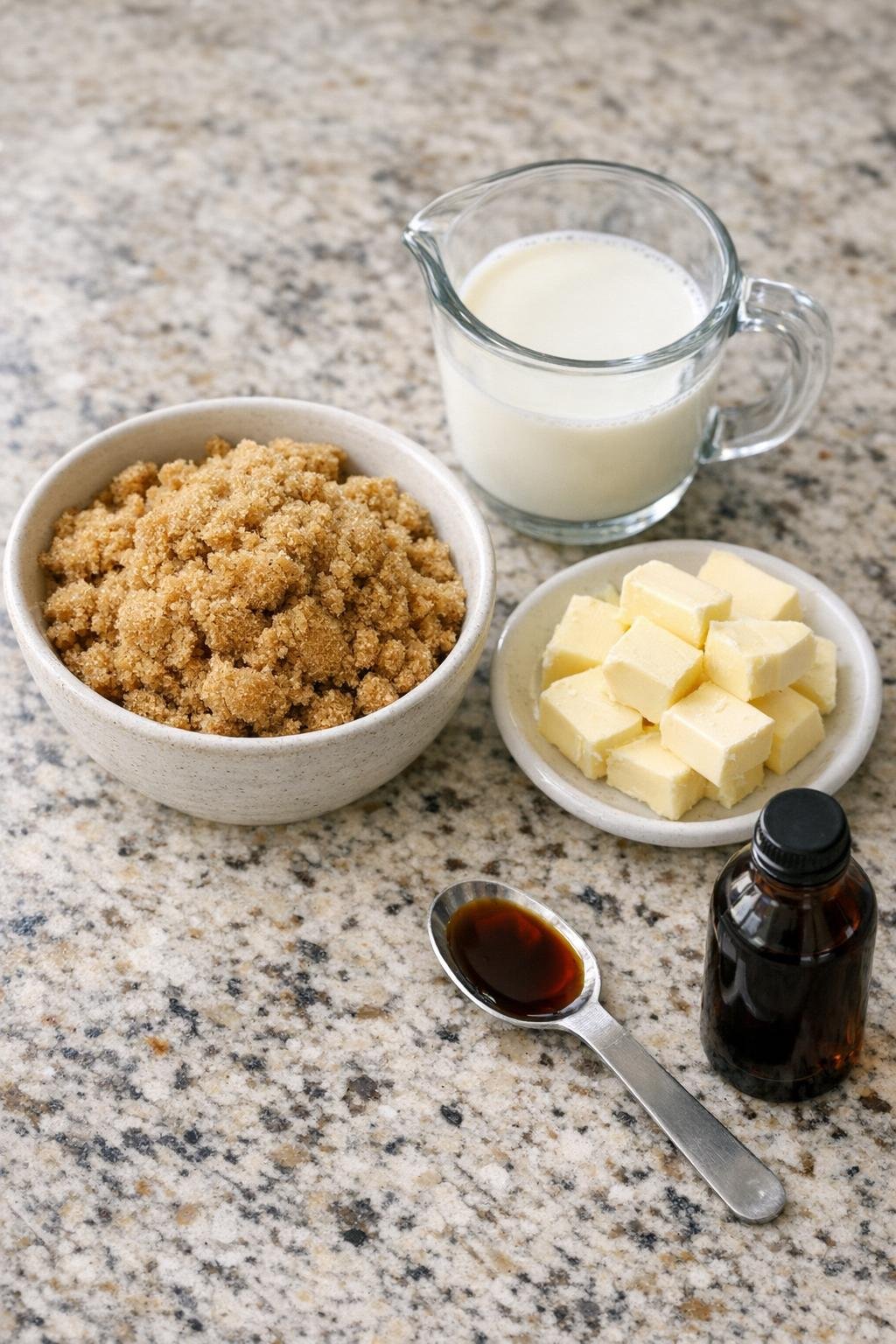 Brown sugar, milk, butter, and vanilla on a kitchen counter