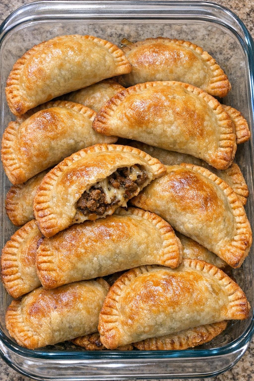 Golden mini beef empanadas baked in a glass dish