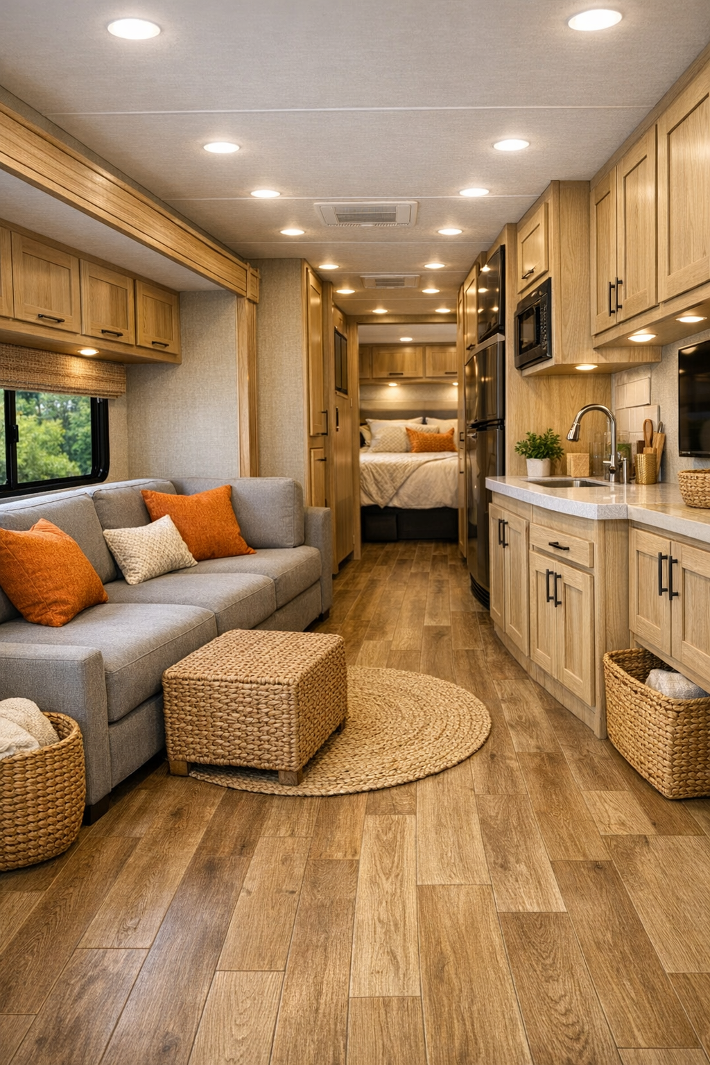 Accessible RV camper living room with gray seating, tangerine accents, and warm wood finishes