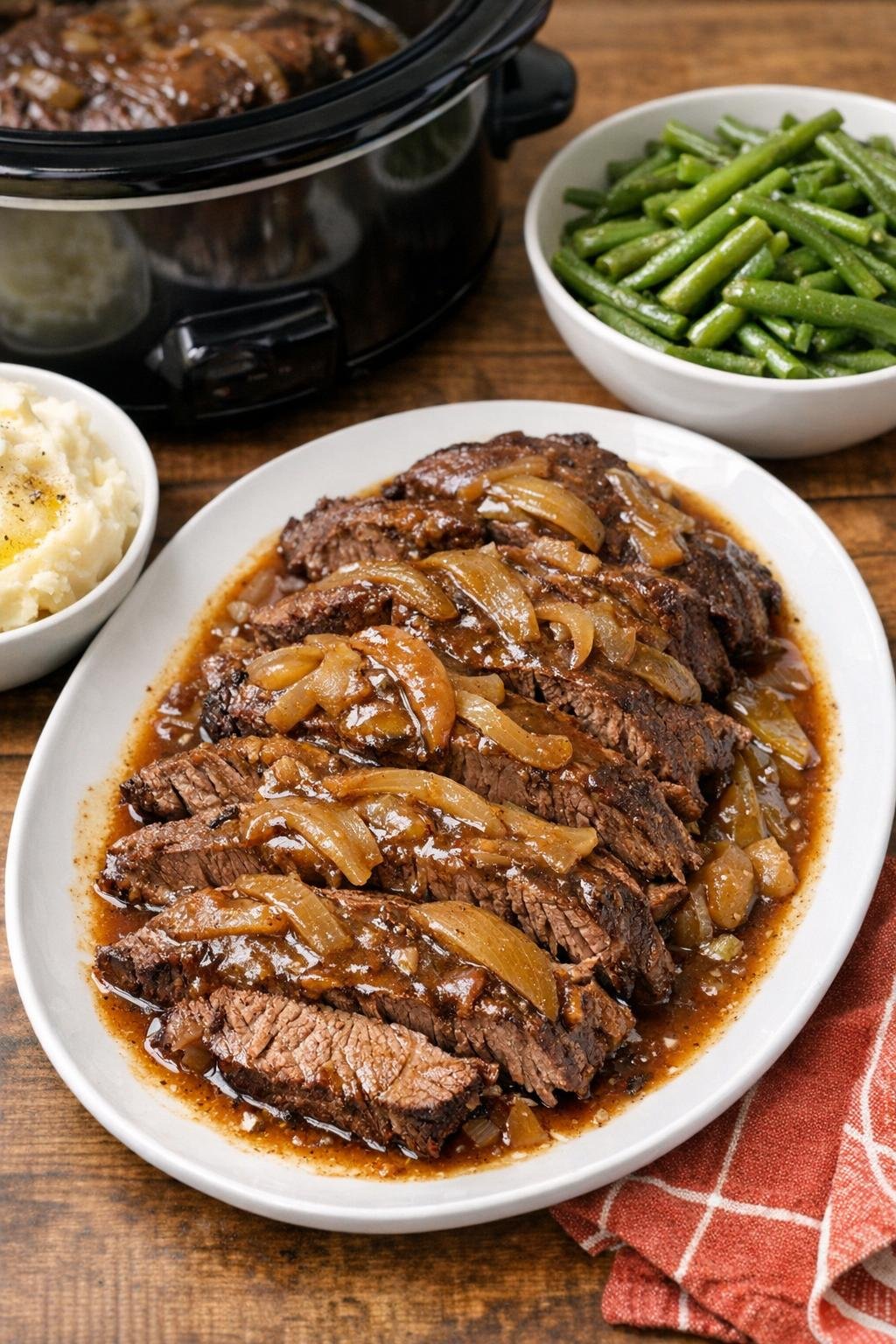 Finished slow cooker beef roast with gravy on a serving platter