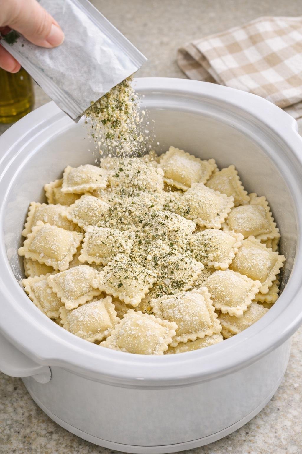 Bevroren kaasravioli in laagjes in een witte slowcooker-inzet.