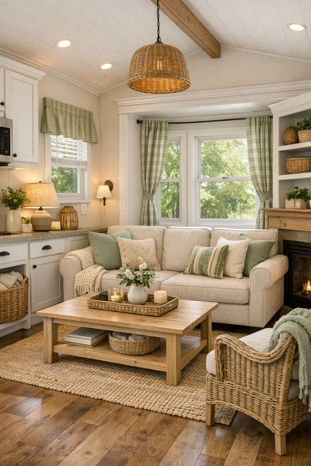 Bright cottage-style living room with a neutral sofa, light wood furniture, and sage green accents