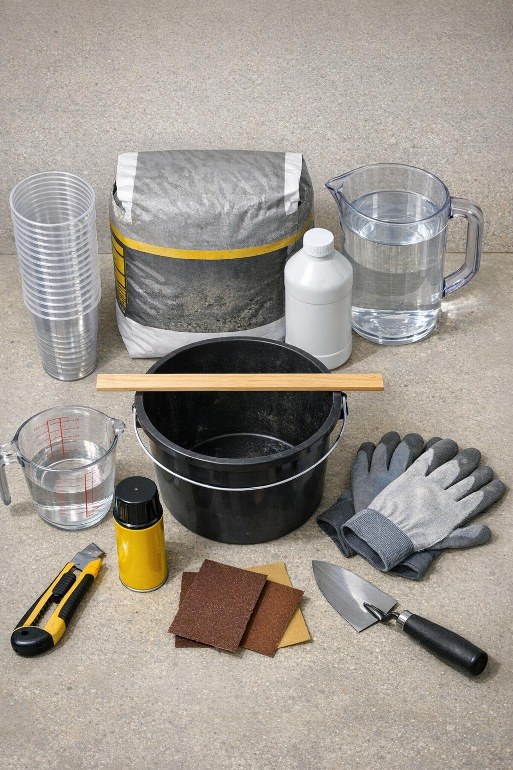Materials for making scalloped concrete garden edging laid out on a worktable
