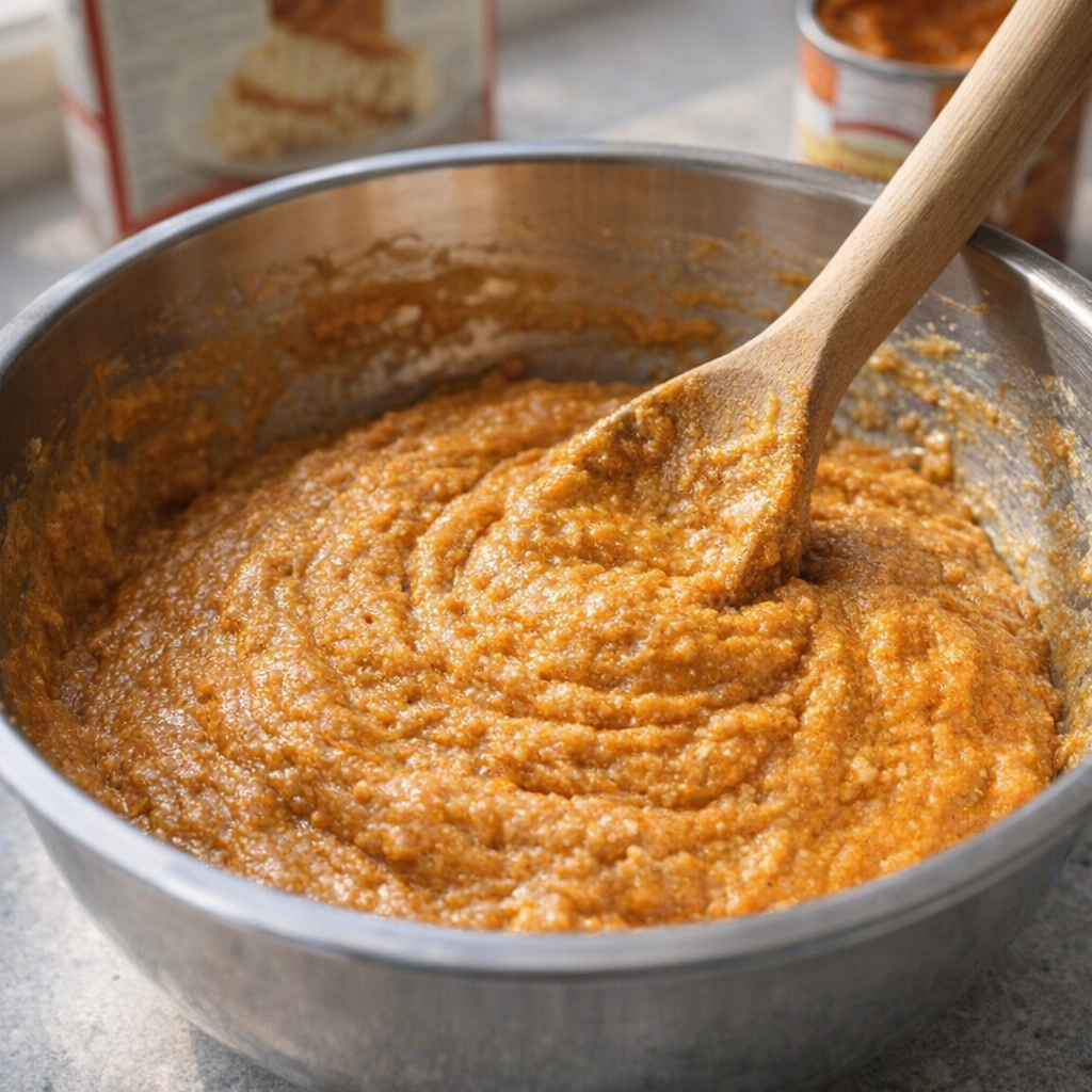 Thick pumpkin cake batter being mixed in a bowl