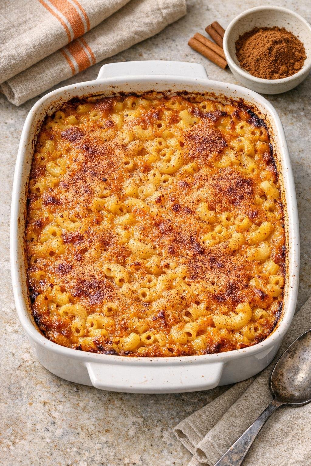 Finished baked pumpkin macaroni dessert in a ceramic dish