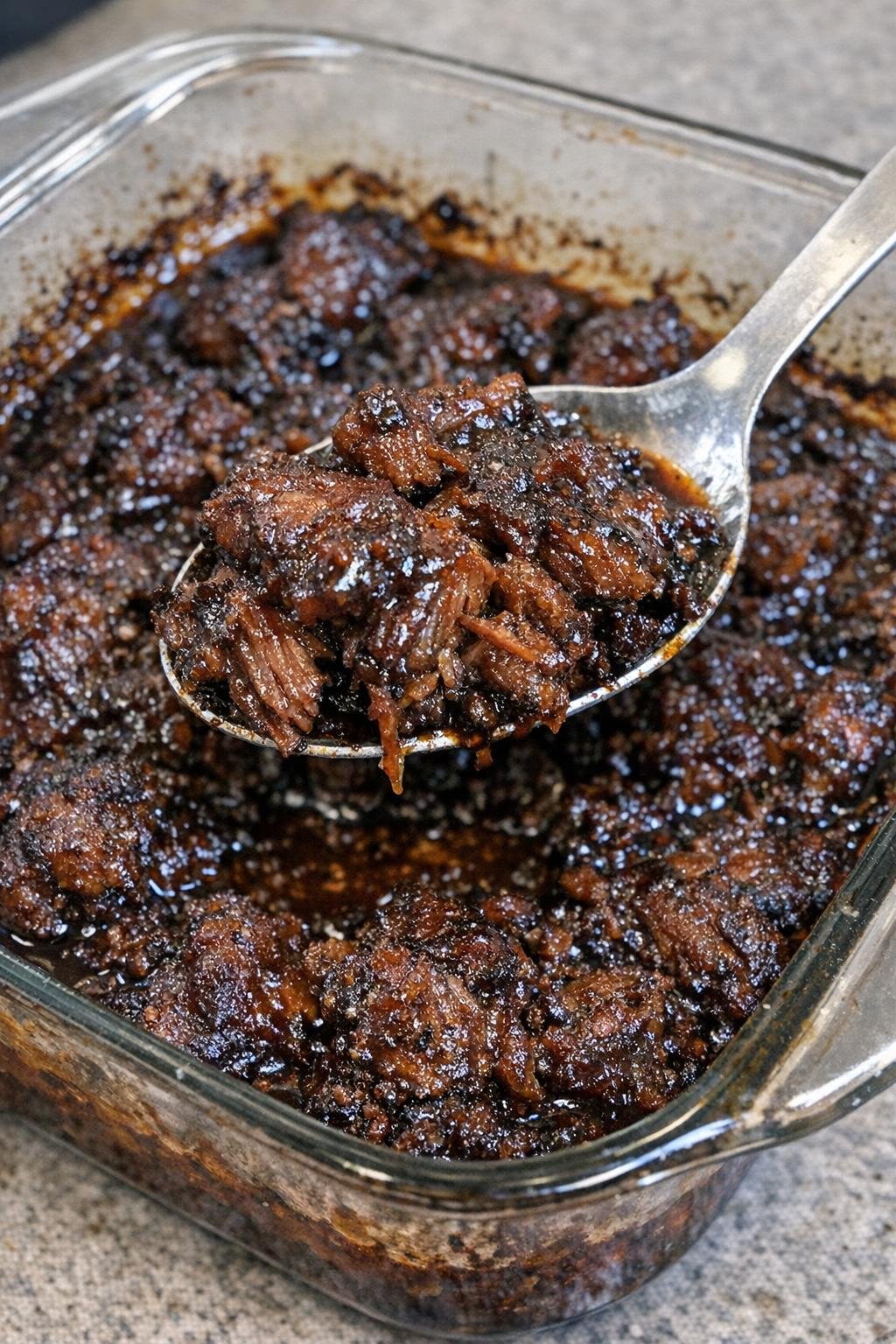 Savory glazed beef in a glass casserole dish
