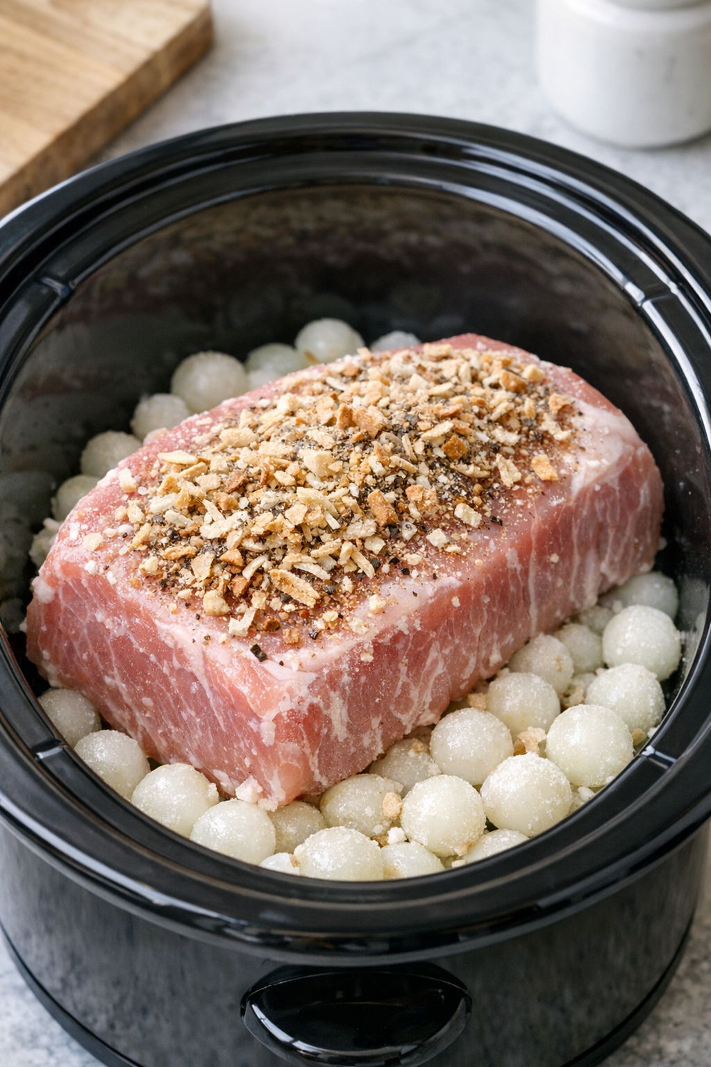 Pork roast placed over pearl onions with onion soup mix on top