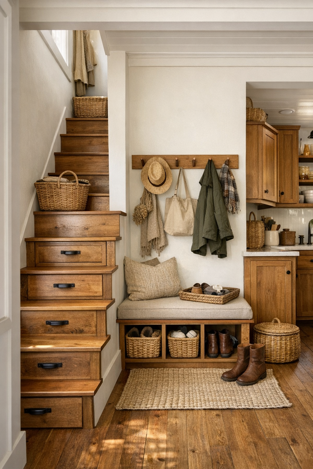 Smartly designed tiny farmhouse storage stair and entry nook with built-in wood cabinetry
