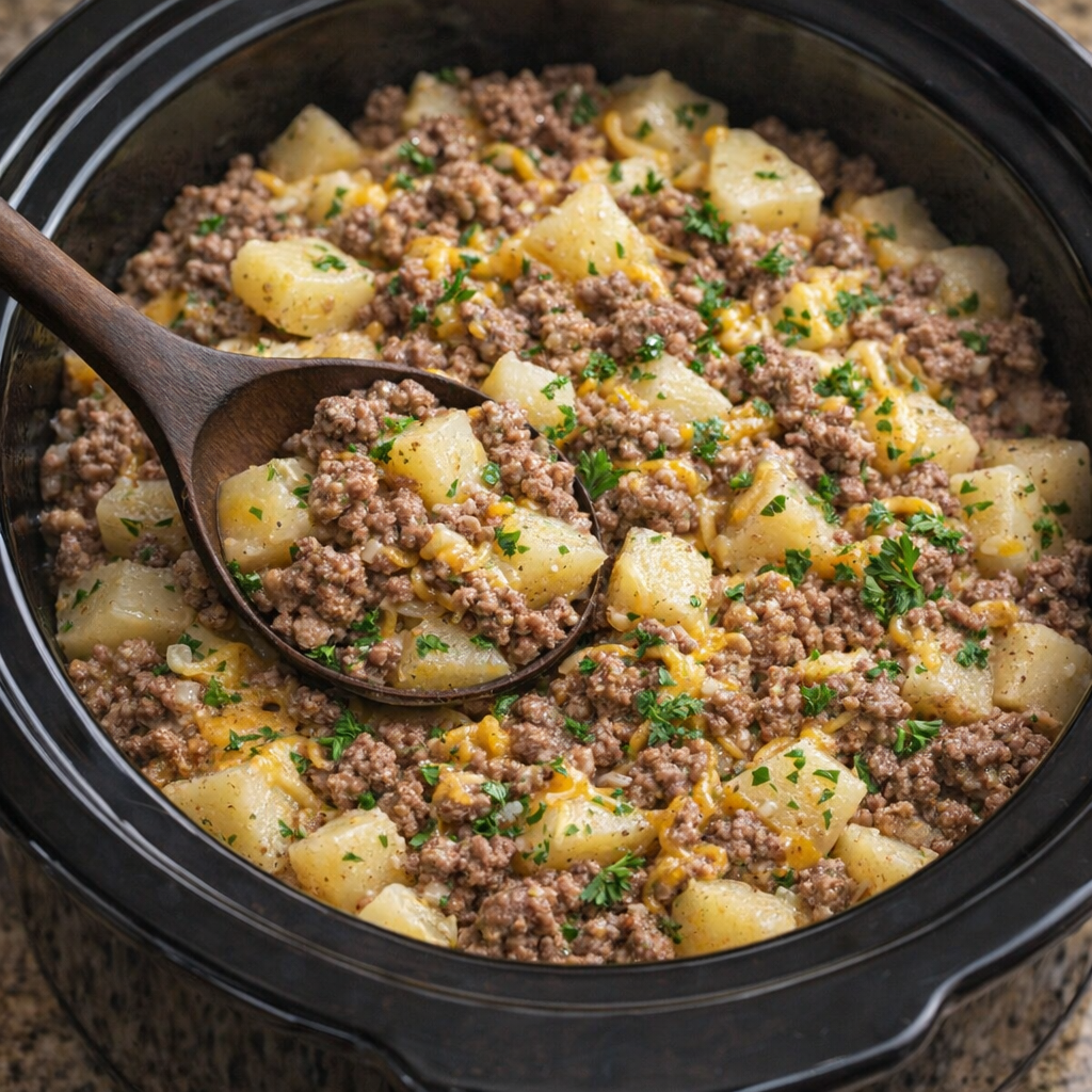 Homestyle bowl of Amish poor man’s stew on a kitchen table