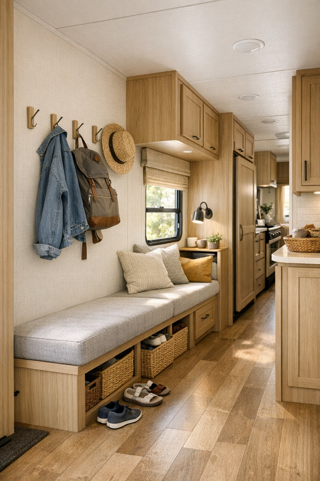 Smart RV entry and flex area with built-in storage, small bench, and window-side reading corner
