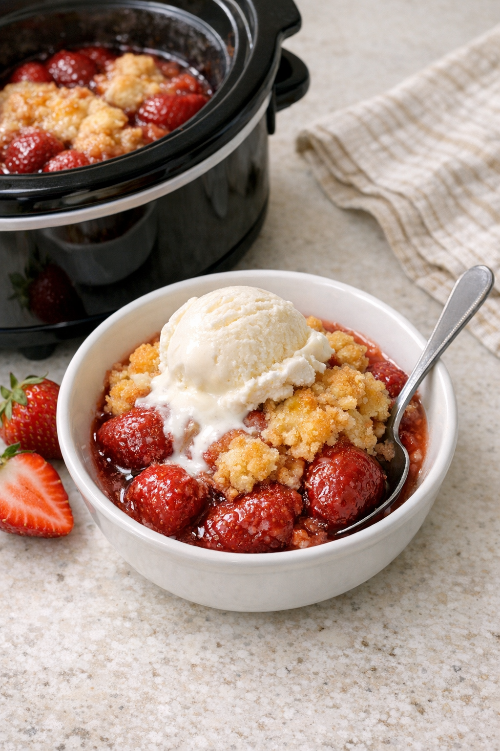 Finished slow cooker strawberry berry dessert in a bowl