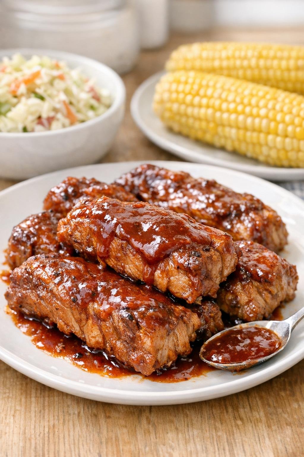 Finished slow cooker country-style pork ribs plated with sauce