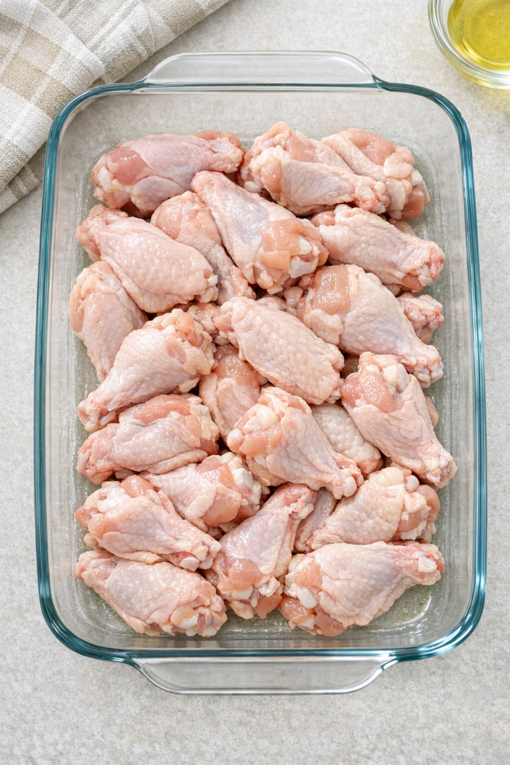 Raw chicken wings in a greased glass casserole dish