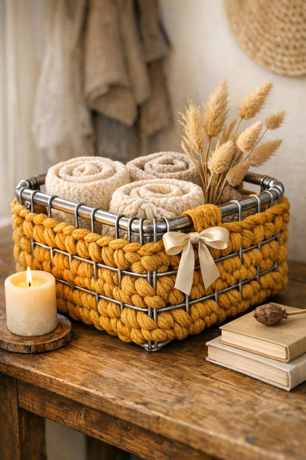 Finished crochet decorative basket made from a vintage oven rack