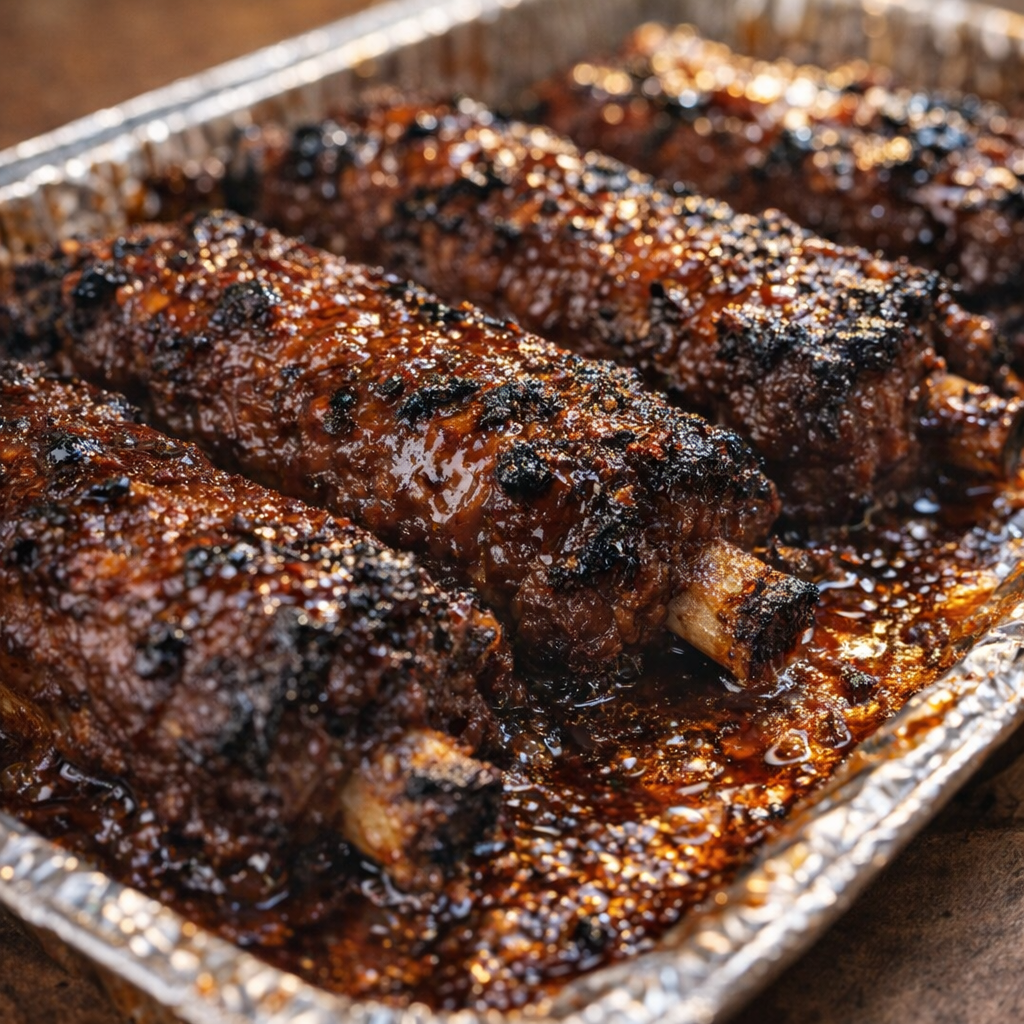 Broiled BBQ ribs with charred sticky edges
