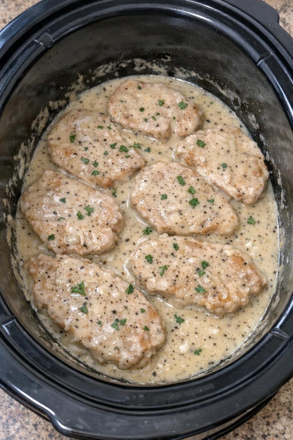 Thin boneless pork chops in creamy ranch gravy