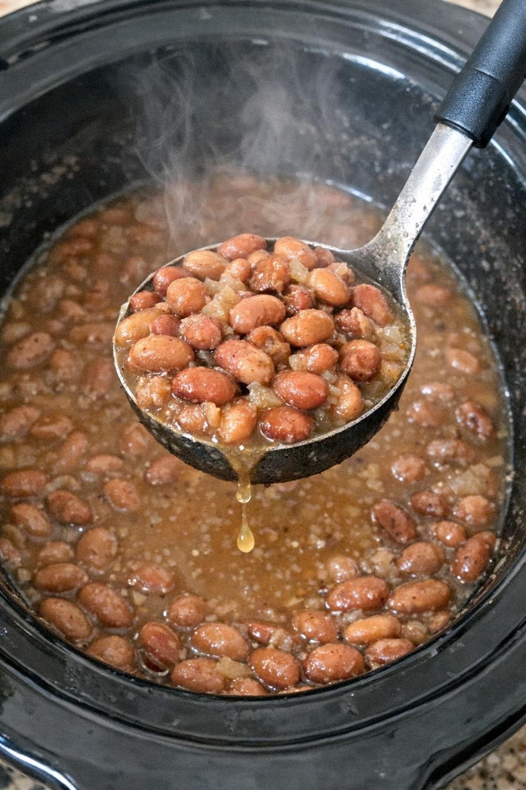Tender pinto beans in a slow cooker with a ladle lifting a scoop