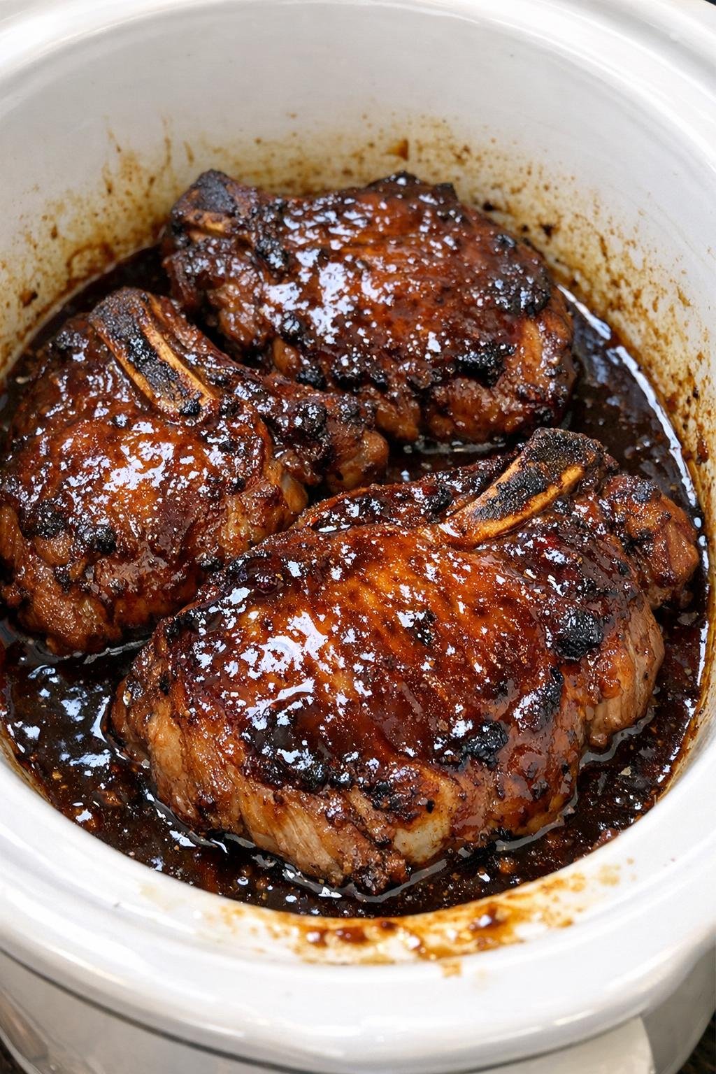 Finished hoisin pork chops in the slow cooker
