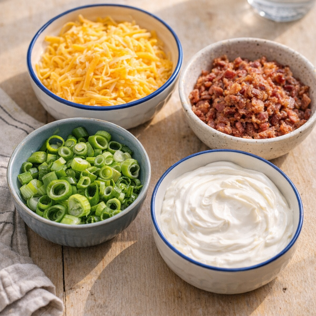 Toppings bar with bacon, cheese, and green onions for potatoes