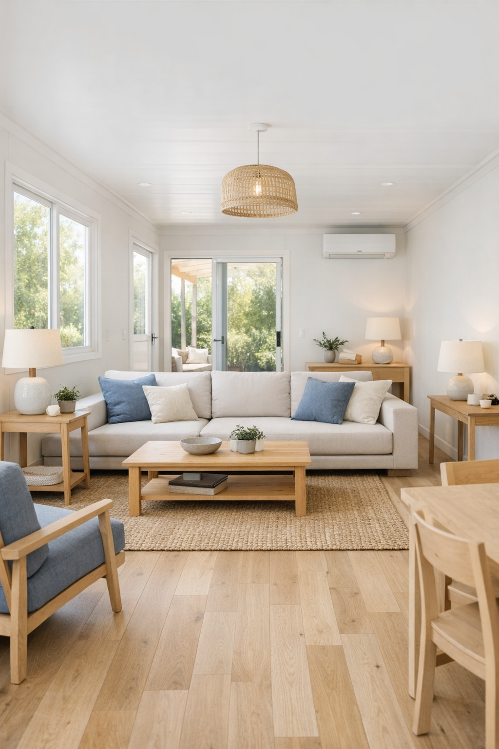 Bright accessible living room with soft blue accents and light wood floors