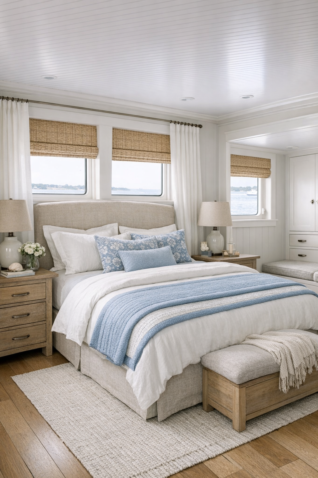 Serene coastal bedroom with linen headboard and blue-and-ivory bedding