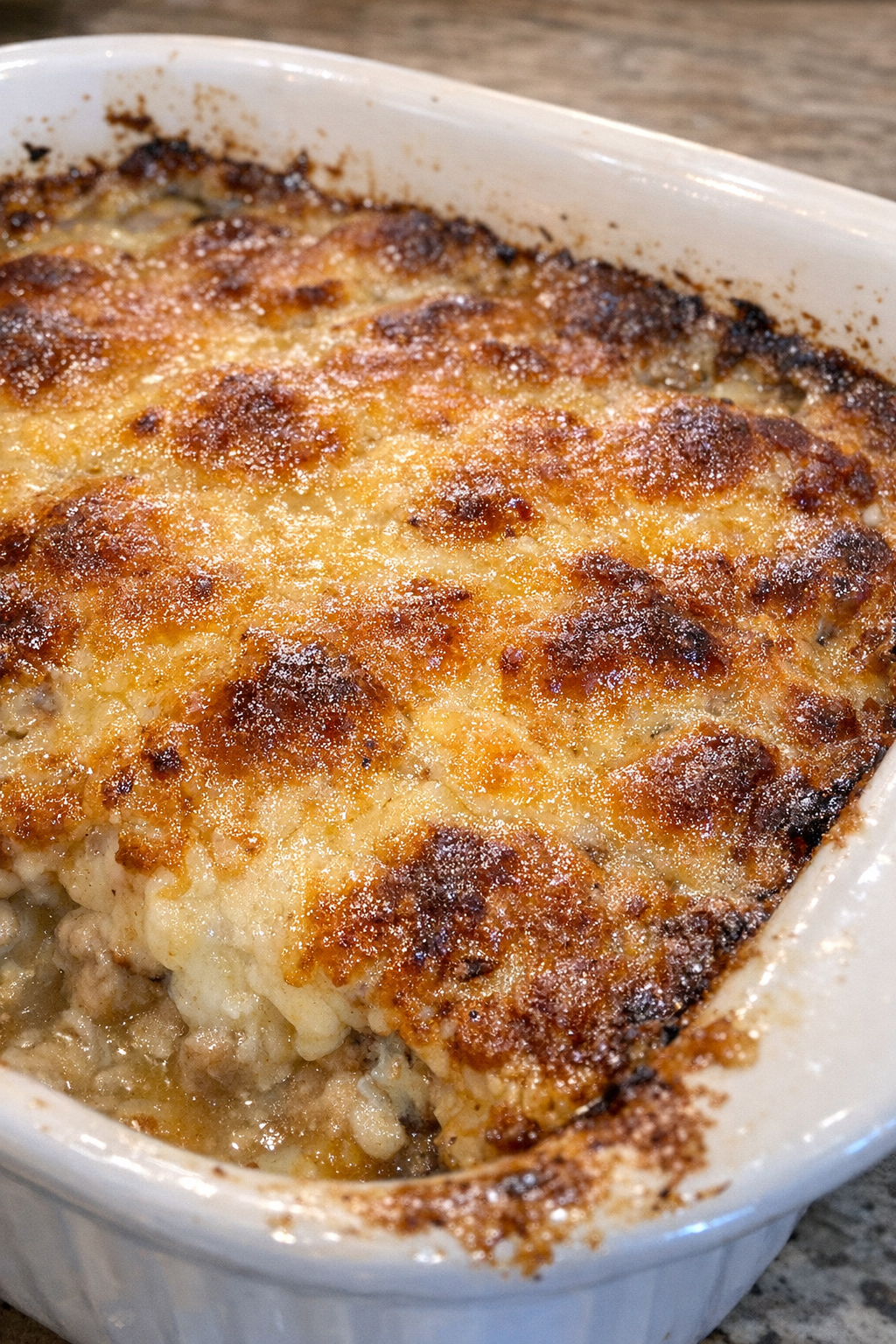 Golden crusted casserole bubbling in a ceramic baking dish