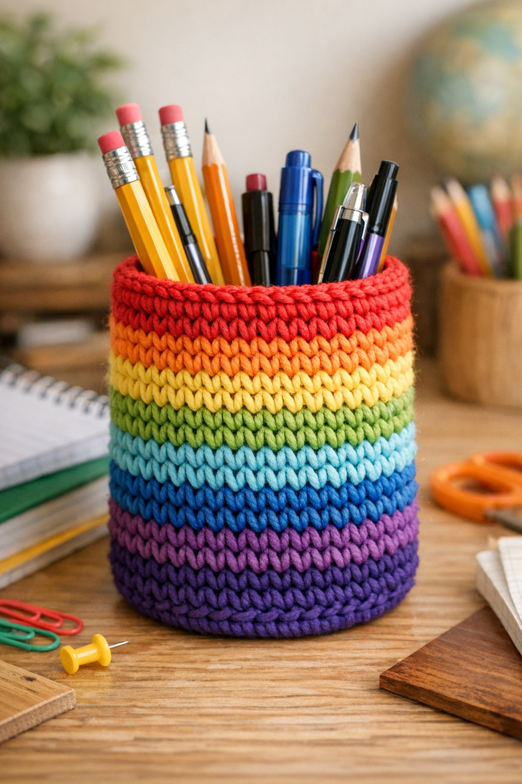 Finished crocheted pencil cup made from a peanut butter jar
