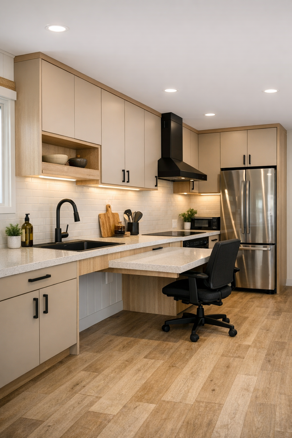 Modern accessible kitchen with sandy cabinetry, pale wood accents, quartz counters, and wide open pathways