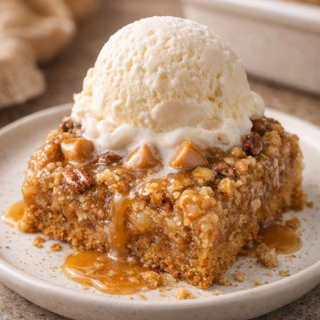 Butterscotch bar served with vanilla ice cream on a small dessert plate